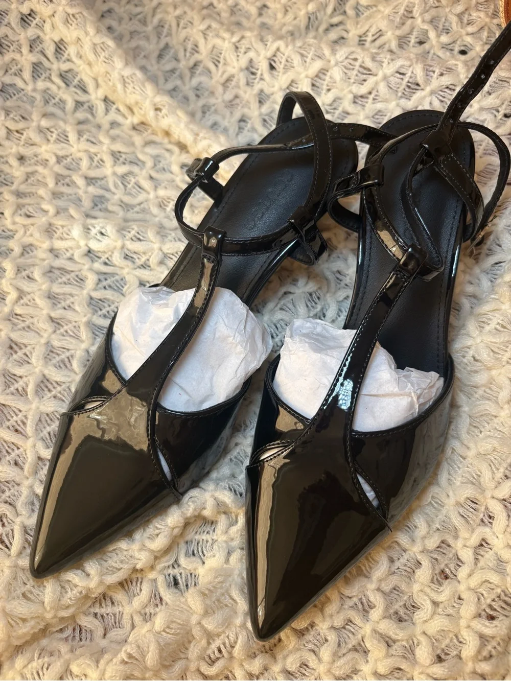 Black Patent Pointed-Toe Slingback Heels